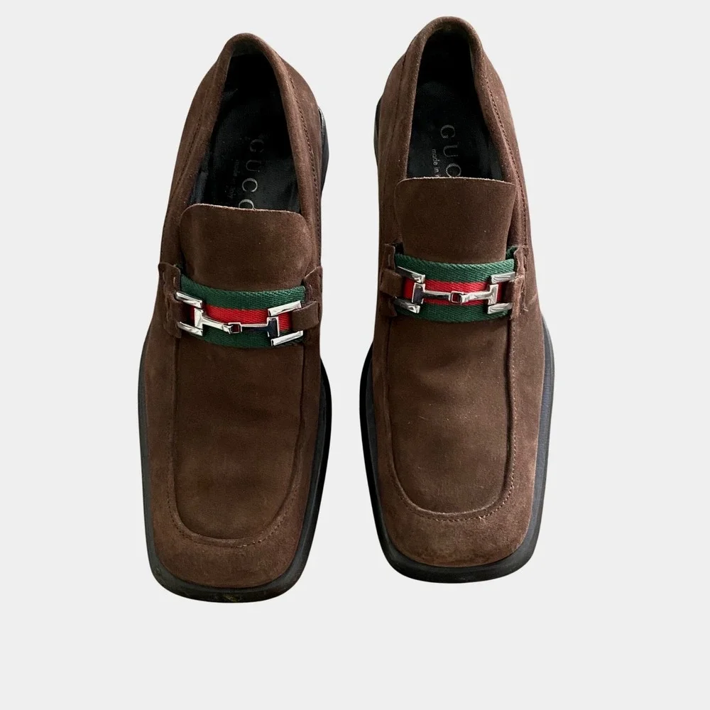 Gucci Mens Brown Suede Horsebit Loafers Square Toe Size 10.5 D